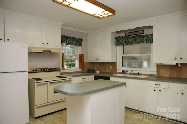 1270 N Enochville Ave, China Grove, NC 28023 - kitchen featuring white appliances, under cabinet range hood, a sink, white cabinets, and ornamental molding