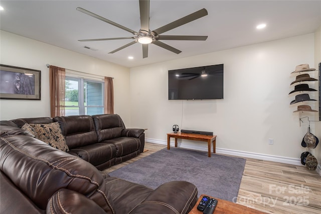 3103 Richview Dr, Crouse, NC 28033 - living room featuring ceiling fan, recessed lighting, wood finished floors, and baseboards