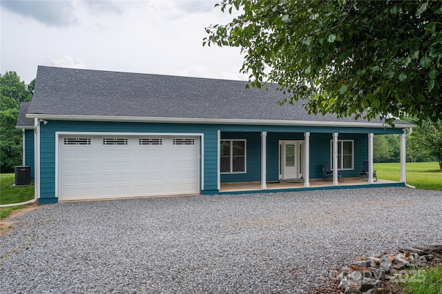 3103 Richview Dr, Crouse, NC 28033 - view of front of home with gravel driveway, a porch, cooling unit, and a garage