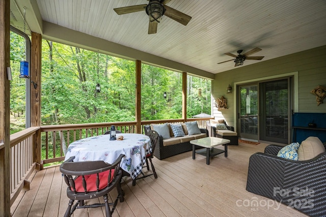 305 Pound Mill Branch Rd, Green Mountain, NC 28740 - wooden deck with a ceiling fan and an outdoor hangout area