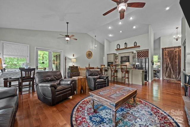305 Pound Mill Branch Rd, Green Mountain, NC 28740 - living room featuring a ceiling fan, high vaulted ceiling, and wood finished floors