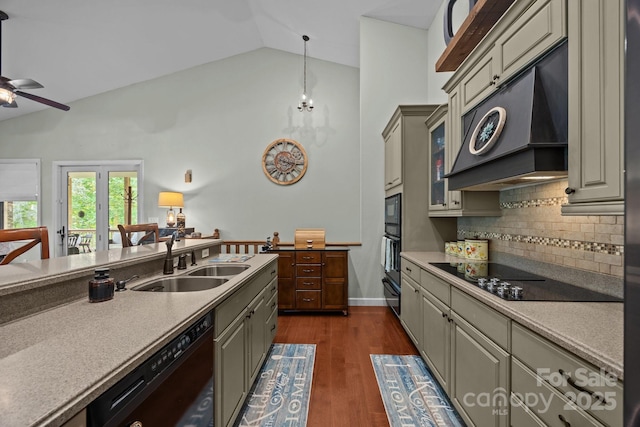 305 Pound Mill Branch Rd, Green Mountain, NC 28740 - kitchen featuring a sink, black appliances, custom range hood, decorative backsplash, and a ceiling fan