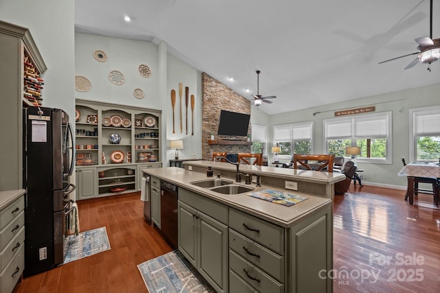 305 Pound Mill Branch Rd, Green Mountain, NC 28740 - kitchen featuring ceiling fan, a sink, dishwasher, open floor plan, and freestanding refrigerator