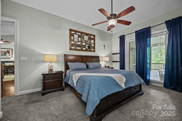 305 Pound Mill Branch Rd, Green Mountain, NC 28740 - carpeted bedroom featuring access to outside, baseboards, and a ceiling fan