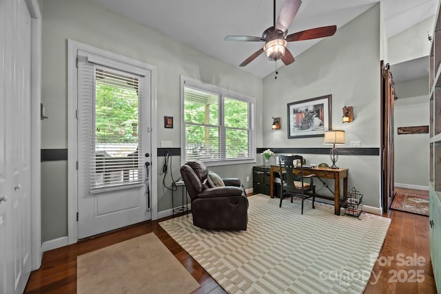 305 Pound Mill Branch Rd, Green Mountain, NC 28740 - office space featuring a ceiling fan, wood finished floors, vaulted ceiling, and baseboards