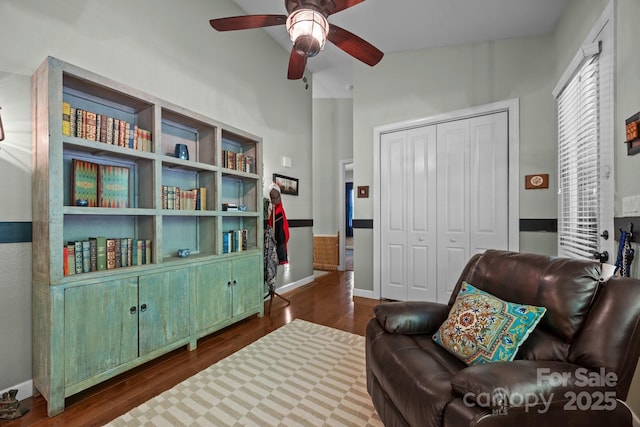 305 Pound Mill Branch Rd, Green Mountain, NC 28740 - living area with ceiling fan, dark wood finished floors, and baseboards