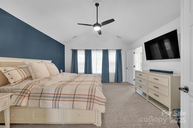 15737 Agincourt Dr, Huntersville, NC 28078 - bedroom featuring vaulted ceiling, light colored carpet, and a ceiling fan