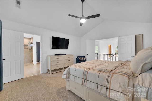 15737 Agincourt Dr, Huntersville, NC 28078 - bedroom with lofted ceiling, light carpet, connected bathroom, and ceiling fan