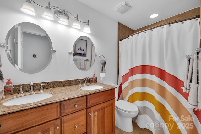 15737 Agincourt Dr, Huntersville, NC 28078 - full bathroom with toilet, double vanity, and a shower with curtain