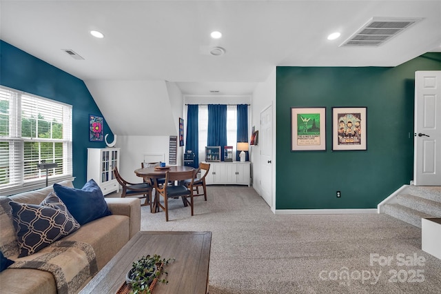 15737 Agincourt Dr, Huntersville, NC 28078 - living room featuring carpet flooring, plenty of natural light, baseboards, lofted ceiling, and recessed lighting