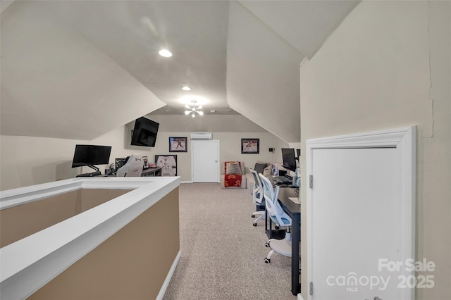 15737 Agincourt Dr, Huntersville, NC 28078 - office featuring light carpet, lofted ceiling, recessed lighting, and a wall mounted air conditioner