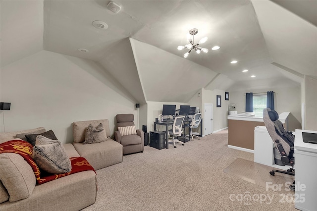 15737 Agincourt Dr, Huntersville, NC 28078 - office featuring vaulted ceiling, carpet flooring, baseboards, recessed lighting, and a chandelier