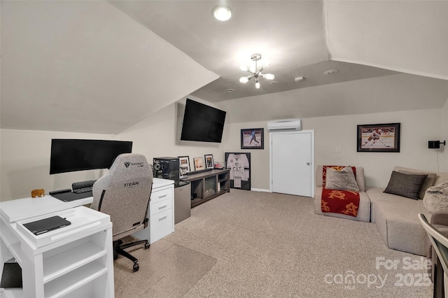 15737 Agincourt Dr, Huntersville, NC 28078 - office area with a wall mounted AC, a chandelier, and vaulted ceiling