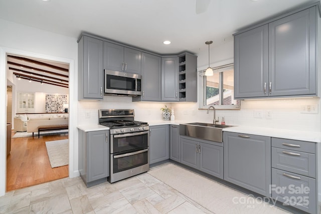5424 Doncaster Dr, Charlotte, NC 28211 - kitchen with stainless steel appliances, gray cabinets, backsplash, open shelves, and beam ceiling