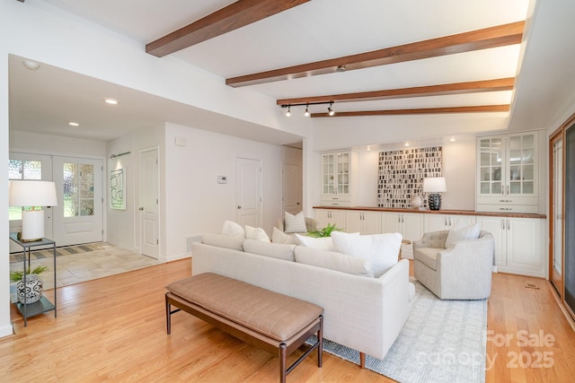 5424 Doncaster Dr, Charlotte, NC 28211 - living room with light wood-style floors, beamed ceiling, and recessed lighting