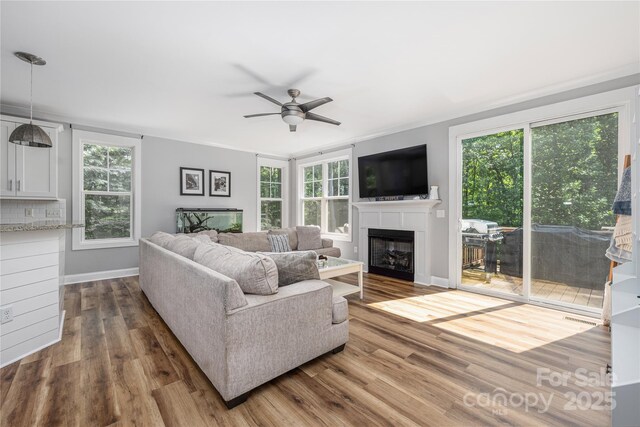 3902 Mcgee Point Rd, Terrell, NC 28682 - living room featuring a ceiling fan, a fireplace, wood finished floors, and baseboards