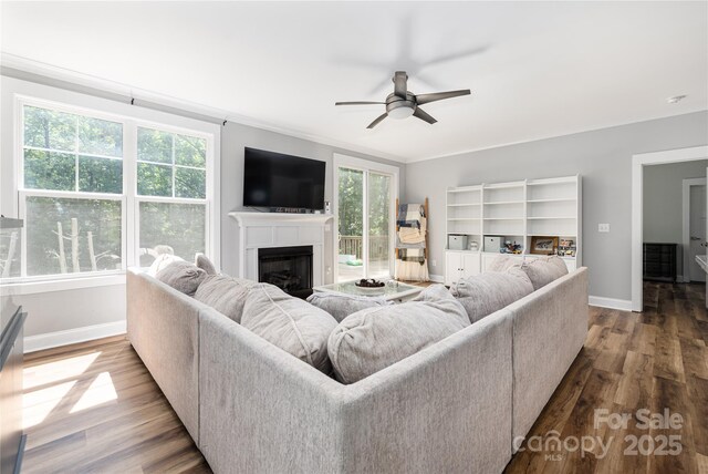 3902 Mcgee Point Rd, Terrell, NC 28682 - living area with ceiling fan, baseboards, dark wood-type flooring, and a fireplace