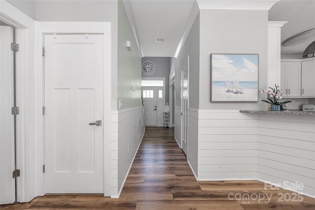 3902 Mcgee Point Rd, Terrell, NC 28682 - hallway featuring a wainscoted wall and dark wood-style floors