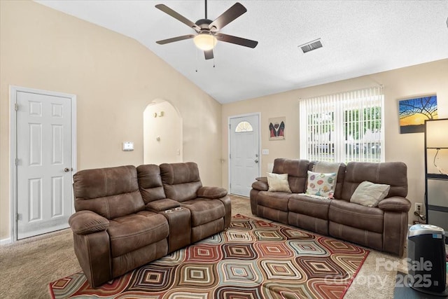 209 Mcfadden St, Rock Hill, SC 29730 - living area with arched walkways, ceiling fan, vaulted ceiling, and carpet