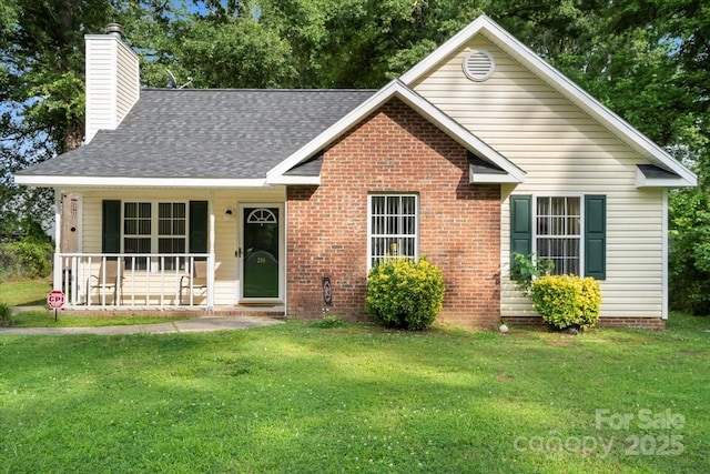 209 Mcfadden St, Rock Hill, SC 29730 - view of front of property with a porch, a chimney, a front yard, a shingled roof, and brick siding