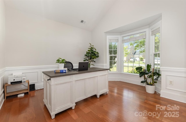 10106 Silverling Dr, Waxhaw, NC 28173 - office featuring a wainscoted wall, a decorative wall, wood finished floors, and lofted ceiling