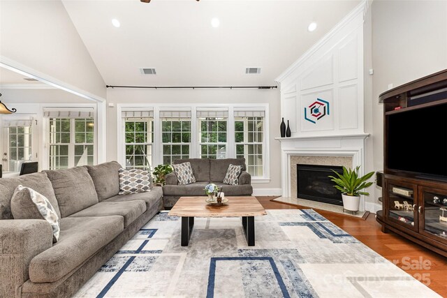 10106 Silverling Dr, Waxhaw, NC 28173 - living room featuring light wood-style floors, a glass covered fireplace, recessed lighting, and high vaulted ceiling