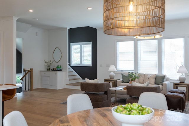 4203 Walker Rd, Charlotte, NC 28211 - dining space featuring wood finished floors, healthy amount of natural light, stairs, and recessed lighting