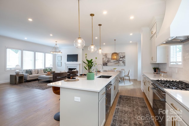 4203 Walker Rd, Charlotte, NC 28211 - kitchen with custom range hood, appliances with stainless steel finishes, decorative backsplash, light countertops, and light wood-style flooring