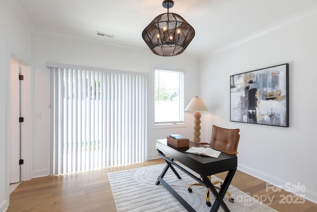 4203 Walker Rd, Charlotte, NC 28211 - office featuring a chandelier, wood finished floors, and ornamental molding