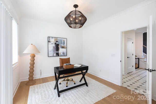 4203 Walker Rd, Charlotte, NC 28211 - office area featuring light wood-style flooring, a chandelier, and crown molding