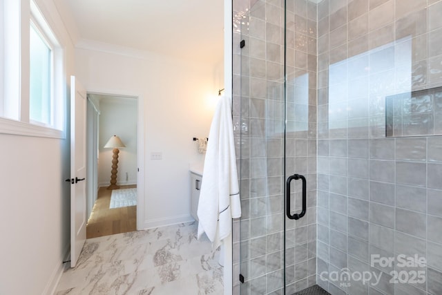 4203 Walker Rd, Charlotte, NC 28211 - bathroom featuring a shower stall and ornamental molding