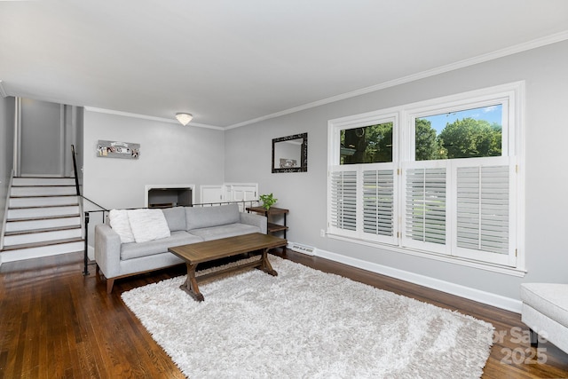 4200 Tyndale Ave, Charlotte, NC 28210 - living area featuring crown molding, dark wood finished floors, stairs, and baseboards