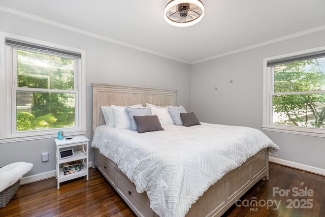 4200 Tyndale Ave, Charlotte, NC 28210 - bedroom featuring multiple windows, baseboards, dark wood-type flooring, and ornamental molding