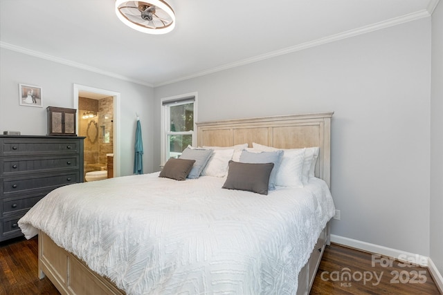 4200 Tyndale Ave, Charlotte, NC 28210 - bedroom with crown molding, dark wood-style flooring, baseboards, and ensuite bathroom