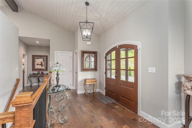 24 Herron View Ln, Weaverville, NC 28787 - foyer with french doors, high vaulted ceiling, dark wood-style flooring, and a chandelier