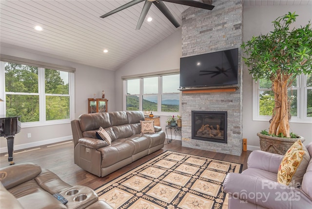 24 Herron View Ln, Weaverville, NC 28787 - living room featuring a fireplace, hardwood / wood-style flooring, ceiling fan, recessed lighting, and wood ceiling