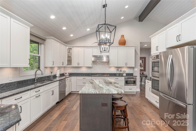 24 Herron View Ln, Weaverville, NC 28787 - kitchen featuring stainless steel appliances, white cabinetry, under cabinet range hood, dark wood-style floors, and glass insert cabinets
