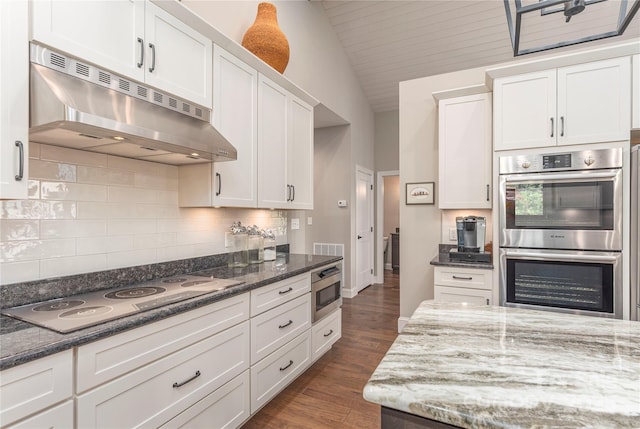 24 Herron View Ln, Weaverville, NC 28787 - kitchen featuring exhaust hood, stainless steel appliances, white cabinetry, decorative backsplash, and lofted ceiling