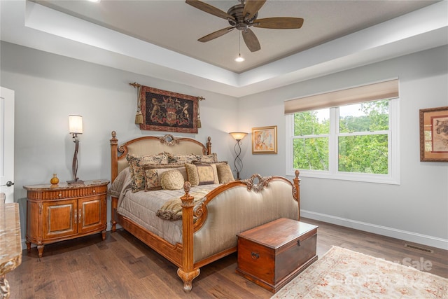 24 Herron View Ln, Weaverville, NC 28787 - bedroom featuring a raised ceiling, dark wood-style flooring, recessed lighting, and a ceiling fan
