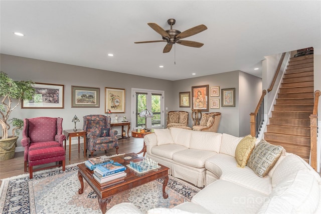 24 Herron View Ln, Weaverville, NC 28787 - living room with wood finished floors, stairs, a ceiling fan, and recessed lighting