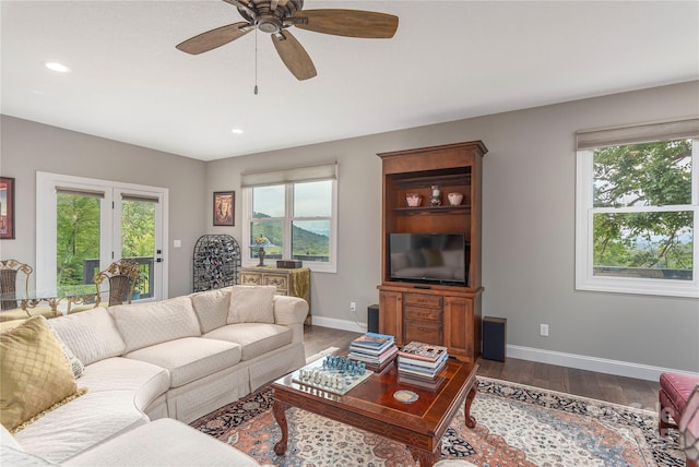 24 Herron View Ln, Weaverville, NC 28787 - living room with dark wood-style floors, ceiling fan, and recessed lighting
