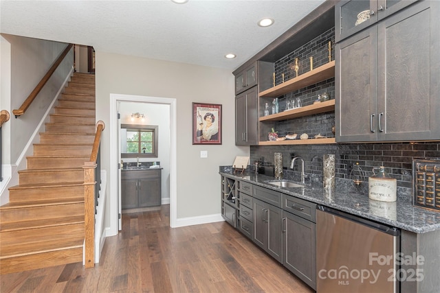 24 Herron View Ln, Weaverville, NC 28787 - bar featuring stairs, decorative backsplash, refrigerator, dark wood-style floors, and recessed lighting