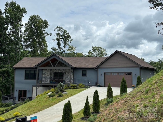 24 Herron View Ln, Weaverville, NC 28787 - single story home featuring an attached garage, driveway, a front yard, and stone siding