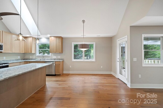 50 Beekeeper Trl, Swannanoa, NC 28778 - kitchen with appliances with stainless steel finishes, lofted ceiling, light wood-style flooring, light stone counters, and baseboards