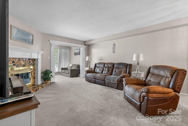 1330 5th St NE Unit 11, Hickory, NC 28601 - living area featuring carpet, a textured ceiling, and a stone fireplace