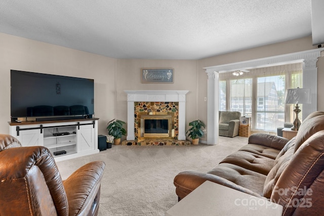 1330 5th St NE Unit 11, Hickory, NC 28601 - carpeted living room featuring a textured ceiling and a fireplace