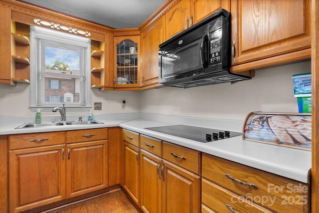 1330 5th St NE Unit 11, Hickory, NC 28601 - kitchen with a sink, black appliances, open shelves, and brown cabinets