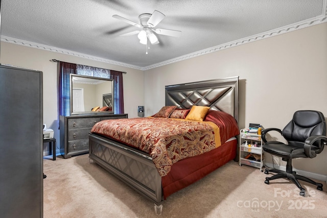 1330 5th St NE Unit 11, Hickory, NC 28601 - bedroom with light colored carpet, crown molding, ceiling fan, baseboards, and a textured ceiling