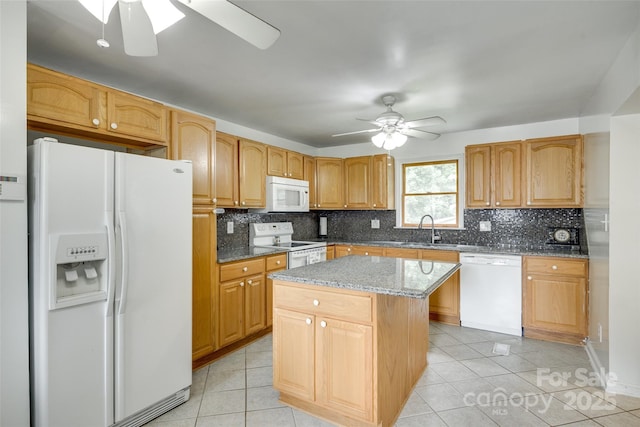 2111 Parkdale Ave, Gastonia, NC 28052 - kitchen featuring white appliances, ceiling fan, light tile patterned floors, and decorative backsplash