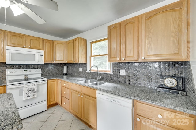2111 Parkdale Ave, Gastonia, NC 28052 - kitchen featuring white appliances, a sink, a ceiling fan, light tile patterned floors, and backsplash